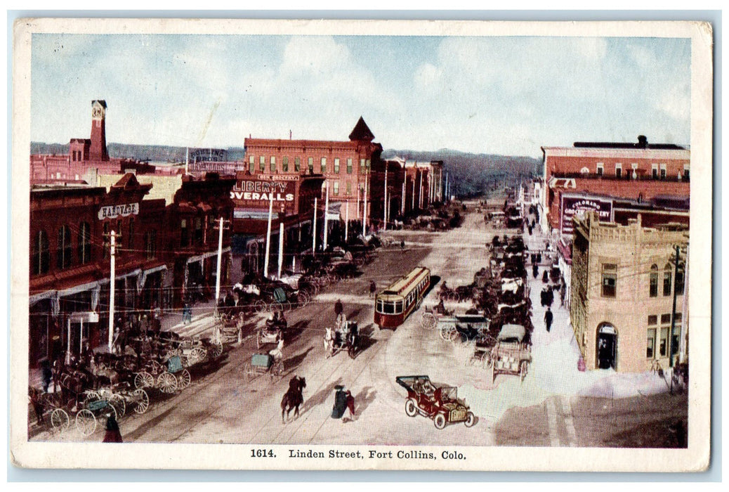 1918 Linden Street Classic Cars Trolley Carriage Horse Fort Collins CO Postcard