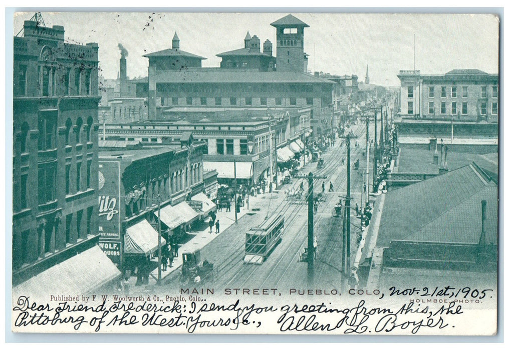 1905 Main Street Streetcar Buildings Trolley Crowd Pueblo Colorado CO Postcard