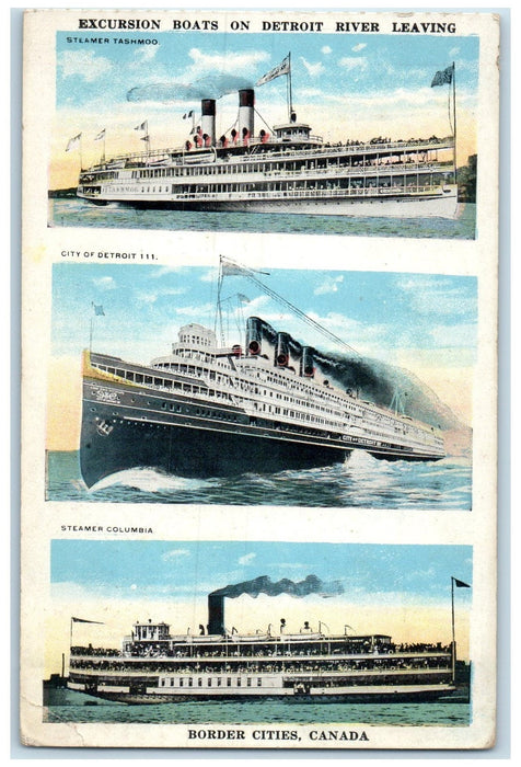 c1920s Excursion Boats On Detroit River Leaving Border Cities Canada CA Postcard