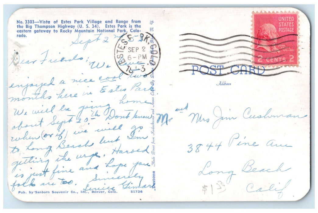 1953 Vista Of Estes Park Village Thompson Highway Colorado CO Posted Postcard