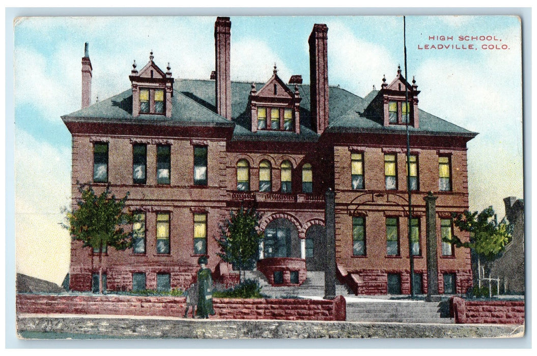 c1910's High School Campus Building Entrance Mother & Kid Leadville CO Postcard