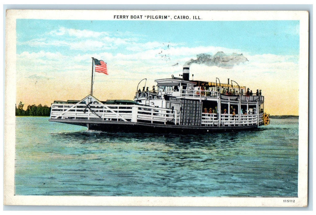 1937 Ferry Boat Pilgrim Connecting Federal Highway Cairo IL Posted Flag Postcard