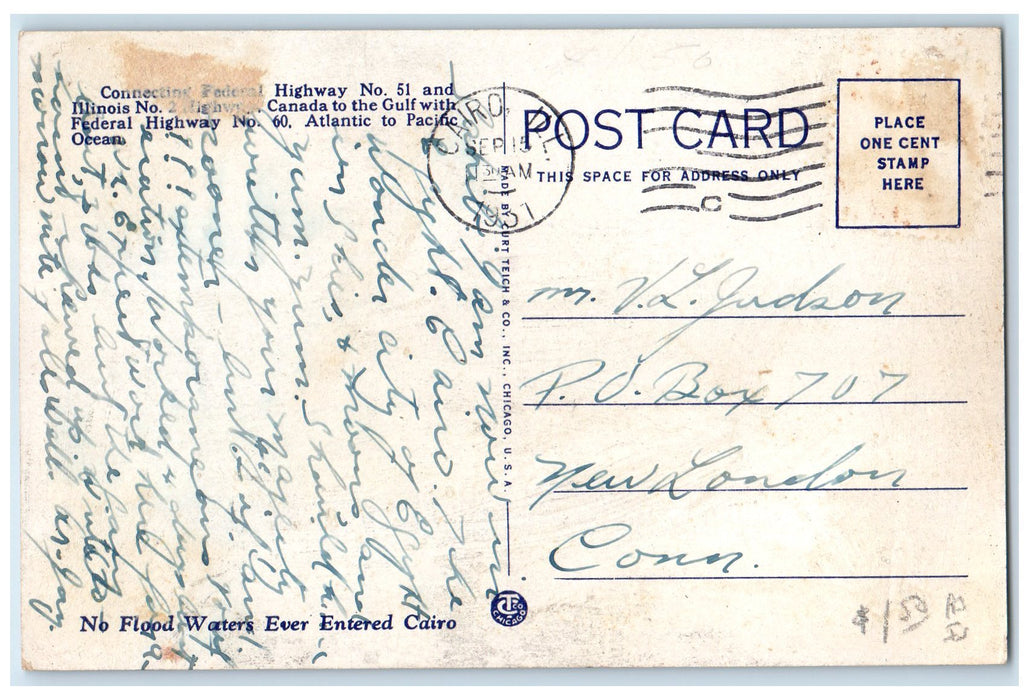 1937 Ferry Boat Pilgrim Connecting Federal Highway Cairo IL Posted Flag Postcard