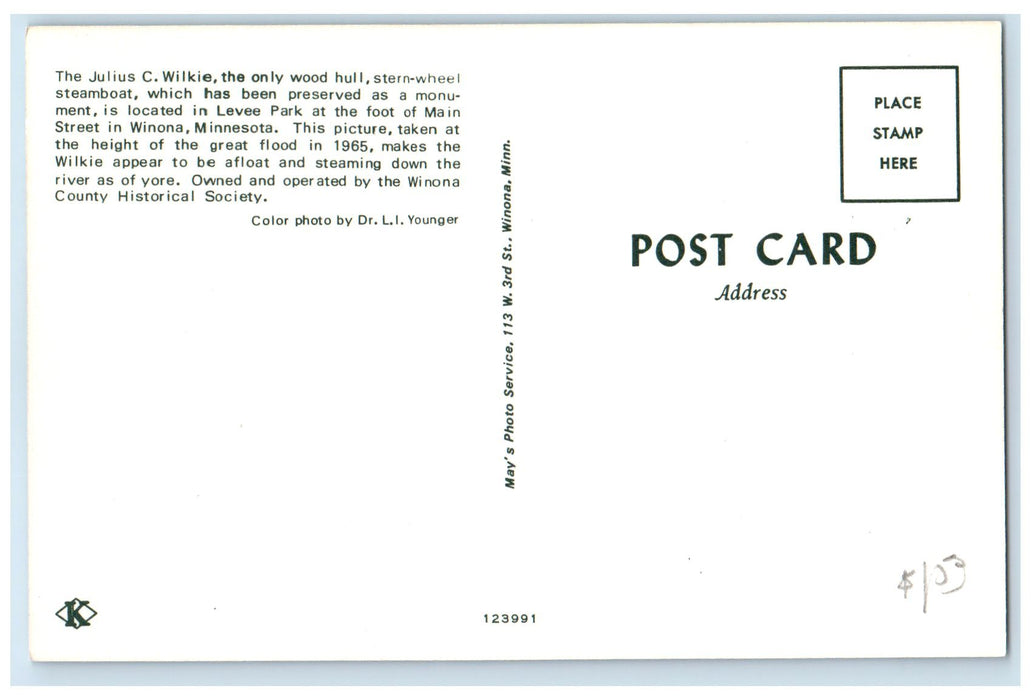 c1960's The Julius C Wilkie Stern-Wheel Steamboat Winona Minnesota MN Postcard