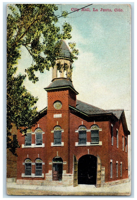 c1910 City Hall Building Entrance Tower La Junta Colorado CO Antique Postcard