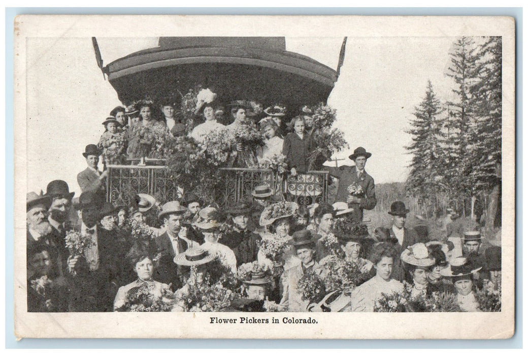 c1920's Flower Pickers Men Women In Front Of Locomotive Colorado CO Postcard