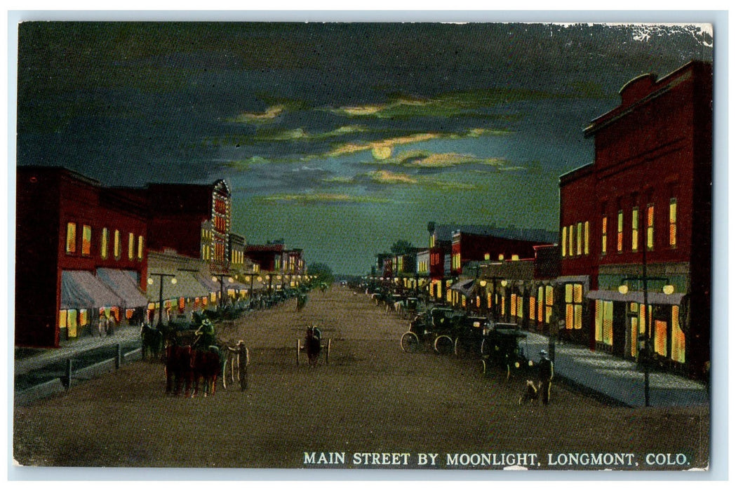 c1910's Main Street By Moonlight Horse Buggy Classic Car Longmont CO Postcard