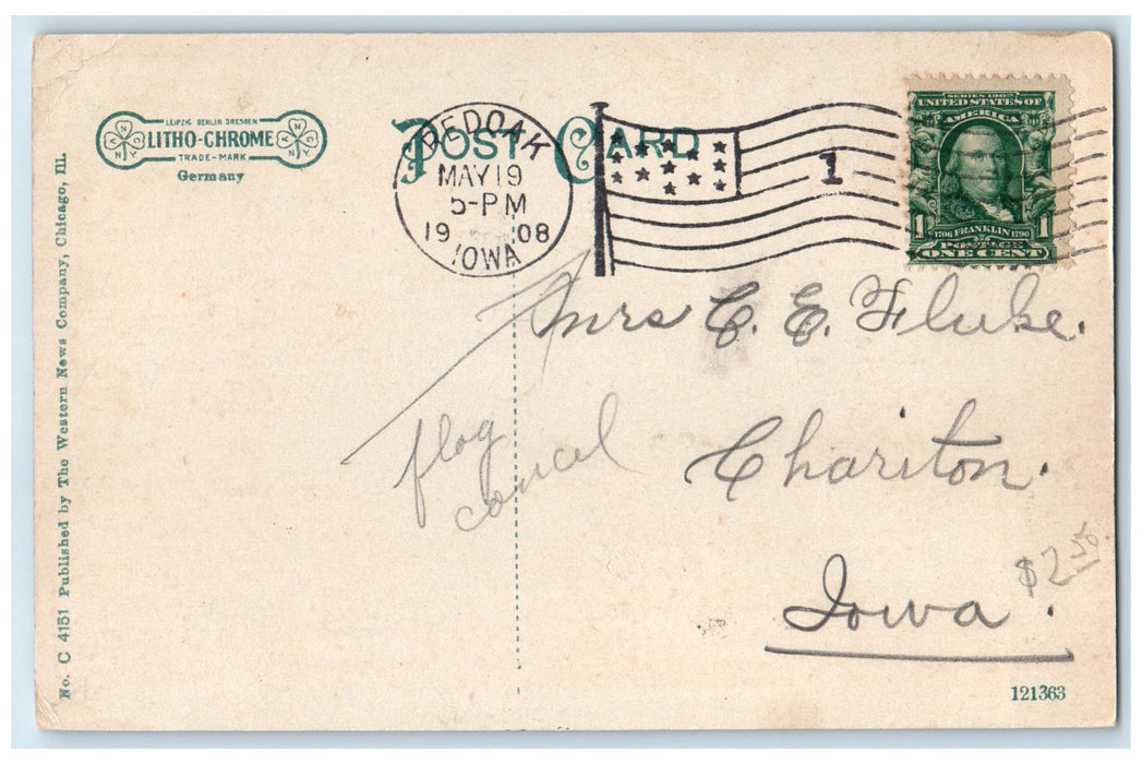 1908 North Mill House Falls Scene Red Oak Iowa IA Posted Chariton IA Postcard