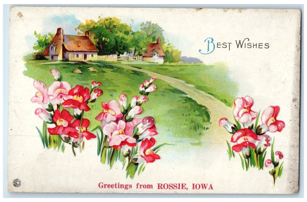 c1910s Greetings From Rossie Iowa IA Unposted Embossed Leaves & Flowers Postcard