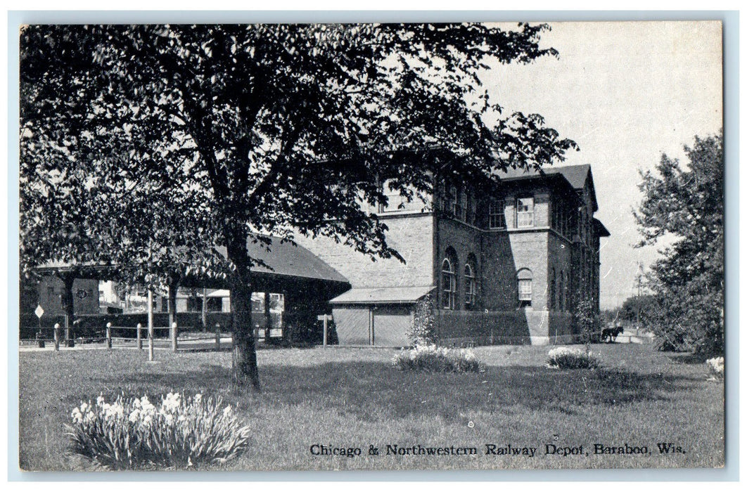 c1960s Chicago And Northwestern Railway Depot Baraboo Wisconsin WI Tree Postcard