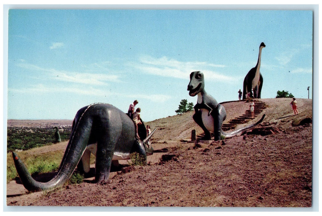c1950's Dinosaur Park Tourists Kids Riding Rapid City South Dakota SD Postcard