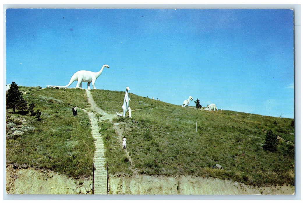 c1950 Dinosaur Park Tourists Stairs Rapid City South Dakota SD Unposted Postcard