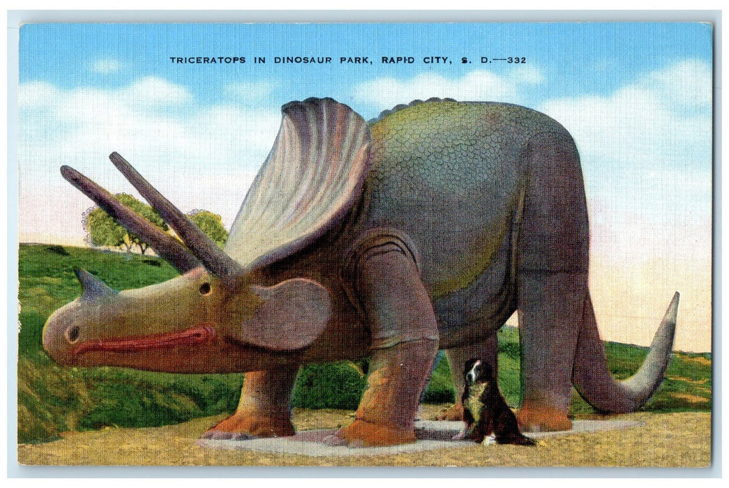 c1940 Triceratops In Dinosaur Park Dog Pose Rapid City South Dakota SD Postcard