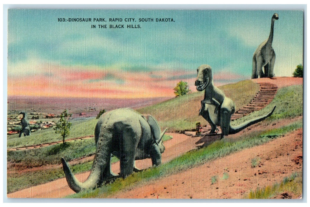 c1940's Dinosaur Park In The Black Hills Rapid City South Dakota SD Postcard