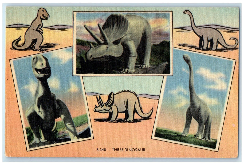 c1950 Three Dinosaur Tricerafaps Dinosaur Park Rapid City South Dakota Postcard