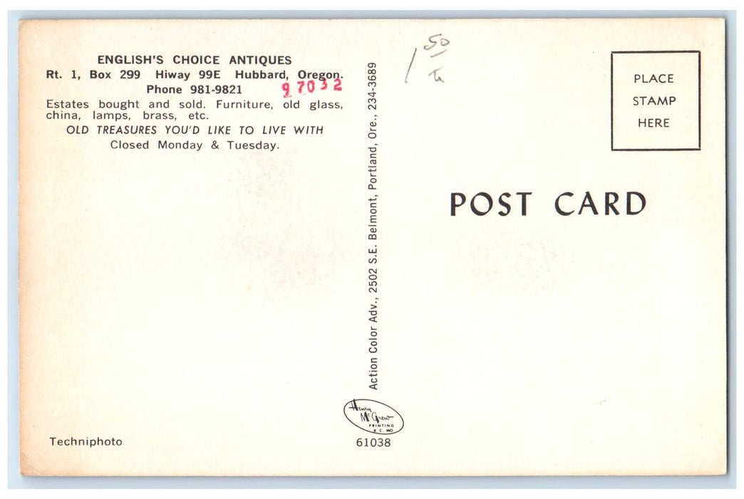 c1950's English's Choice Antique's Store Hiway 99E Hubbard Oregon OR Postcard