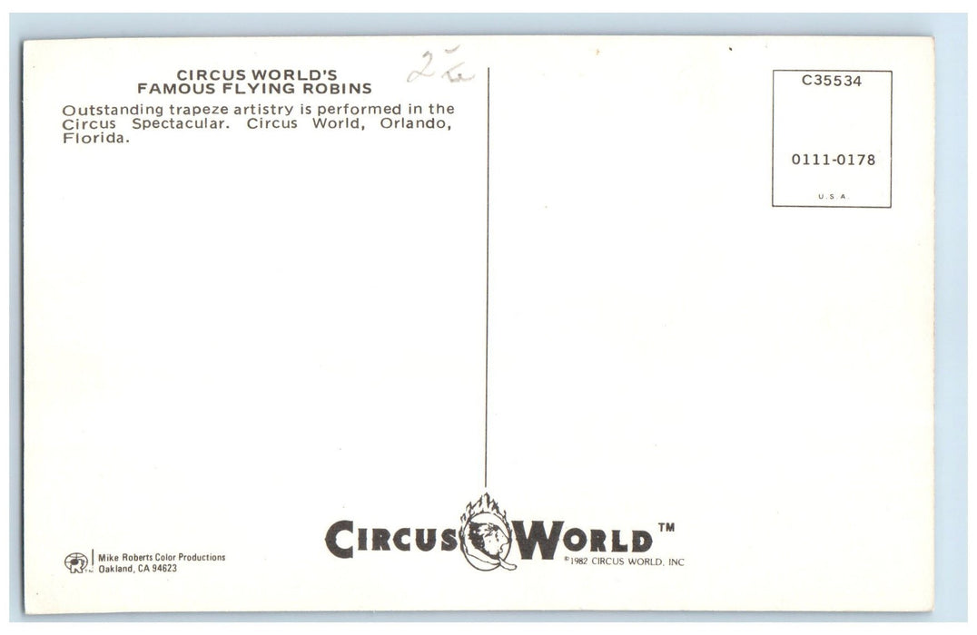 c1950's Circus Worlds Famous Flying Robins Trapeze Orlando Florida FL Postcard