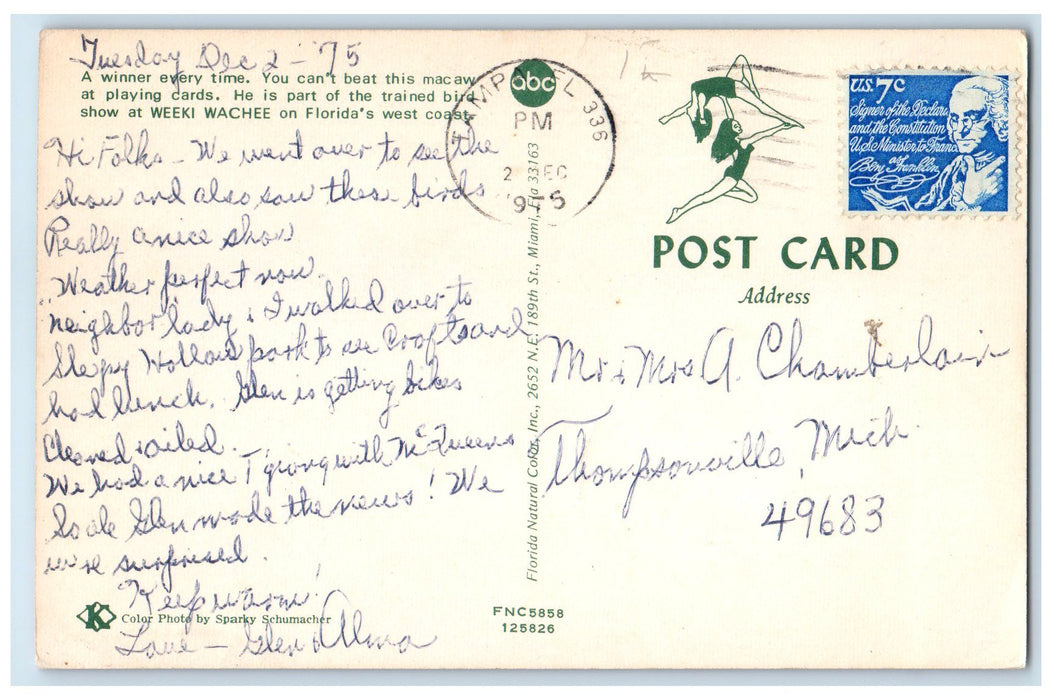 1975 Macaw Playing Card Trained Bird Show Video Weeki Wachee Florida FL Postcard