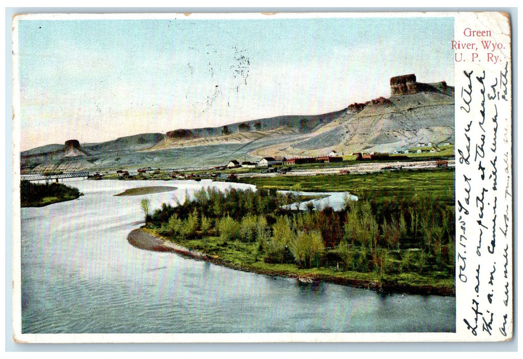 1905 Green River Wyoming Union Pacific RY Railroad Grove Buildings View Postcard