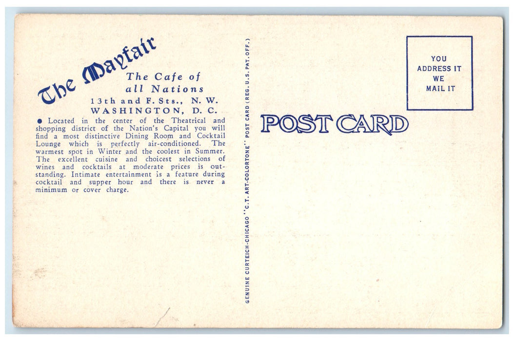 c1940's The Mayfair Cafe Restaurant Washington District Of Columbia DC Postcard