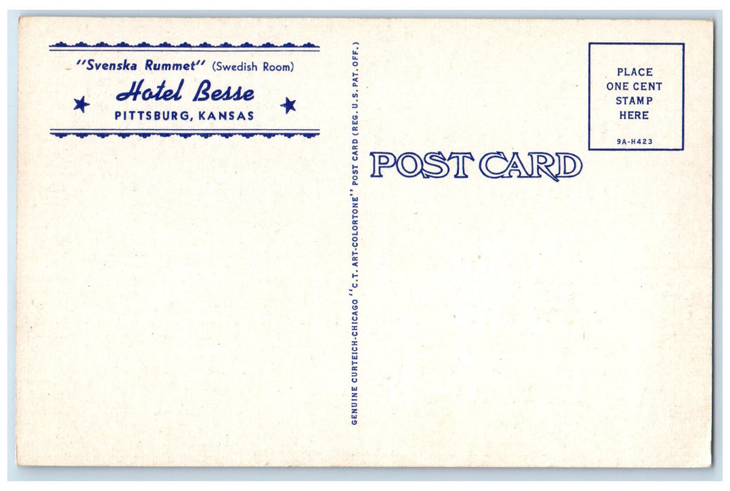 c1940 Hotel Besse & Restaurant Svenska Rummet Interior Pittsburg Kansas Postcard