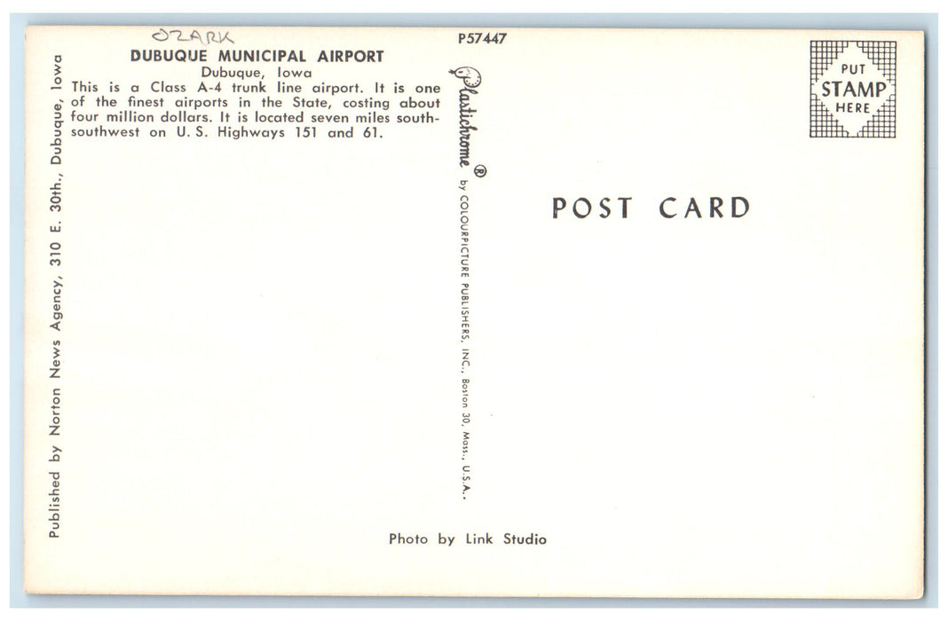 c1950's Dubuque Municipal Airport Finest Ozark Airplane Dubuque Iowa IA Postcard