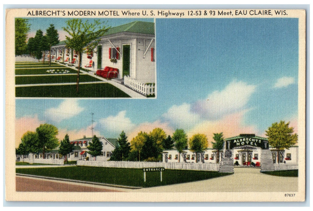 c1940 Albrecht's Modern Motel & Restaurant Cottages Eau Clair Wisconsin Postcard