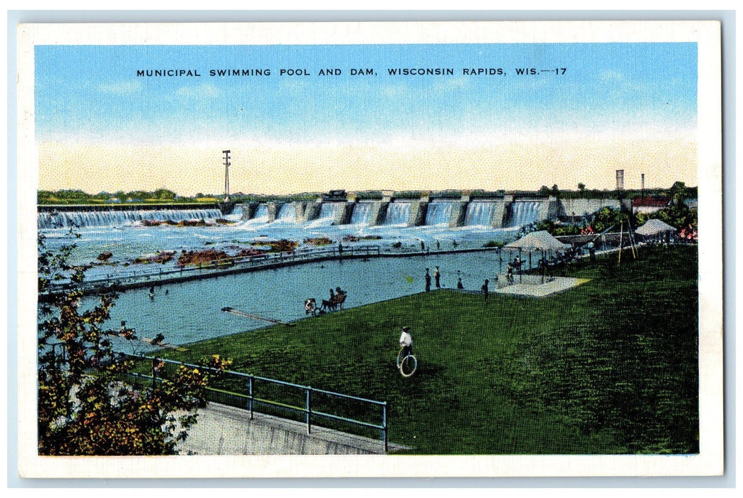 c1940's Municipal Swimming Pool And Dam Wisconsin Rapids Wisconsin WI Postcard