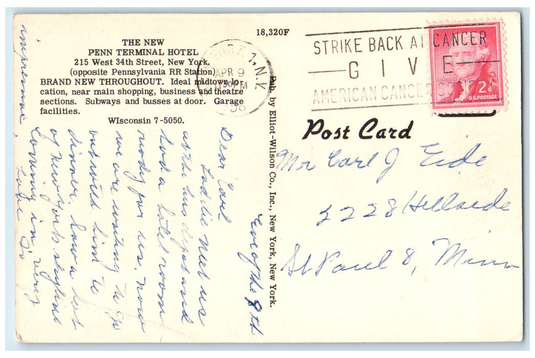 1956 The New Penn Terminal Hotel & Restaurant New York City New York Postcard