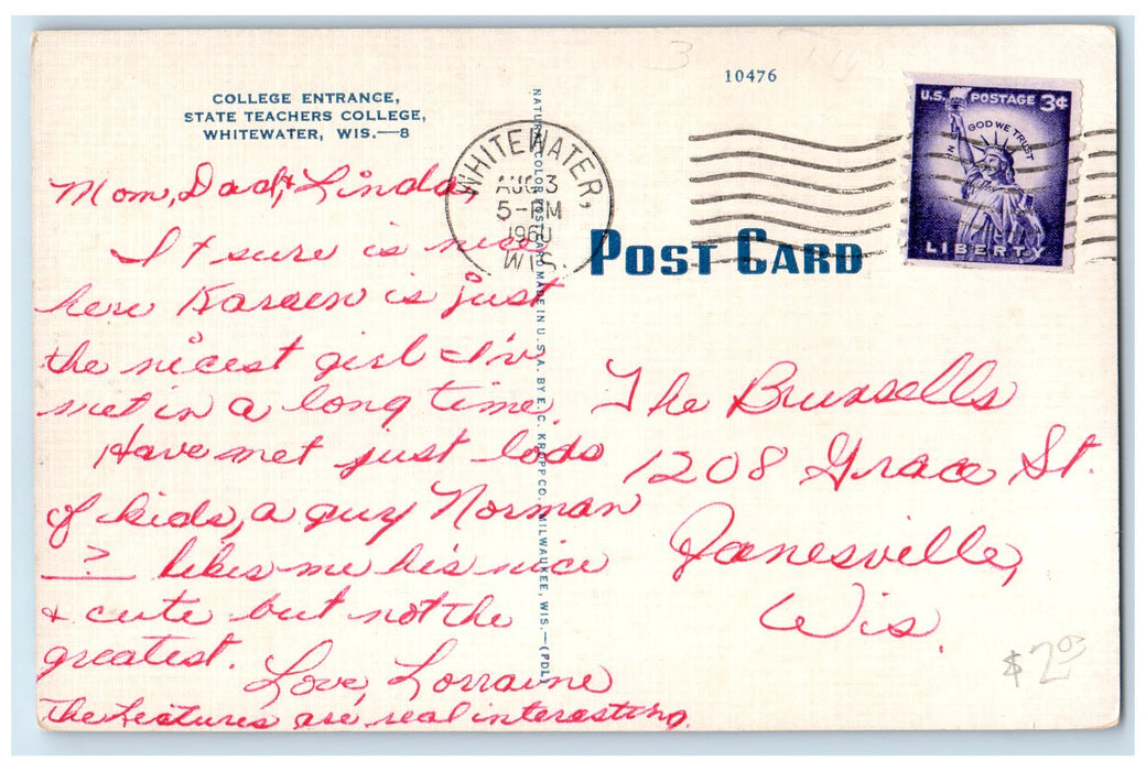 1960 College Entrance State Teachers College Whitewater Wisconsin WI Postcard