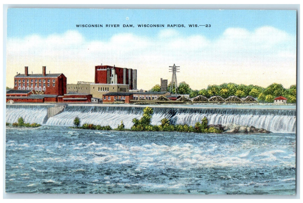 c1940s Wisconsin River Dam Scene Wisconsin Rapids Wisconsin WI Unposted Postcard