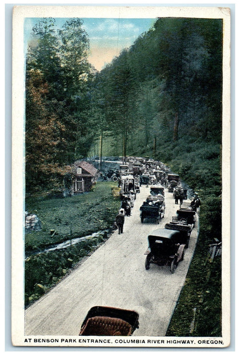 c1920's Benson Park Entrance Classic Cars Columbia River Highway Oregon Postcard