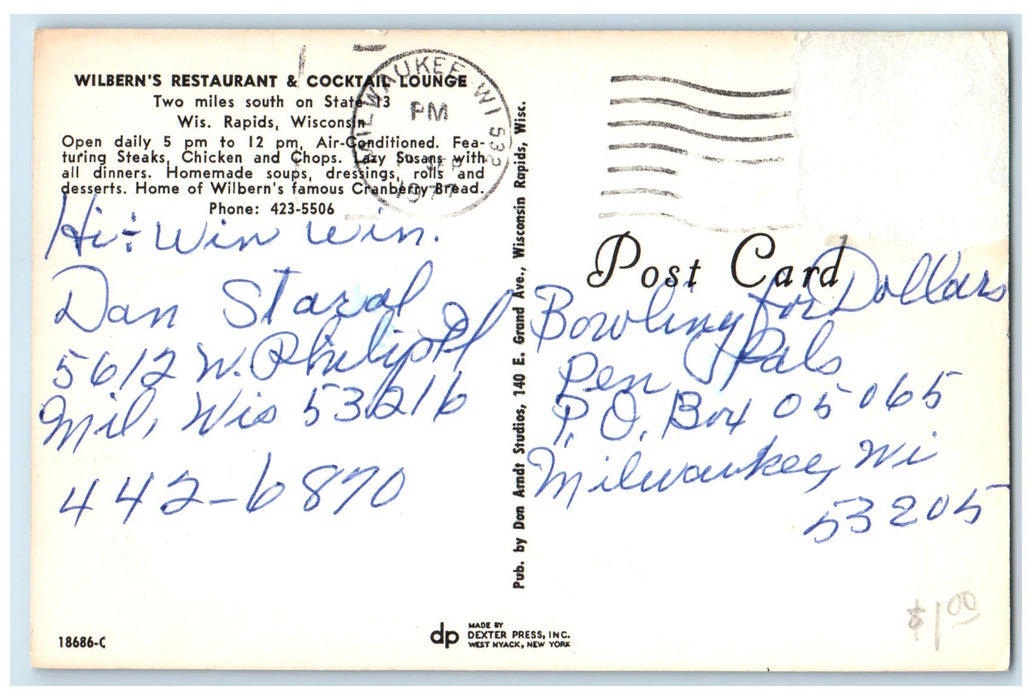 1977 Wibern's Restaurant And Cocktail Lounge Scene Wisconsin Rapids WI Postcard