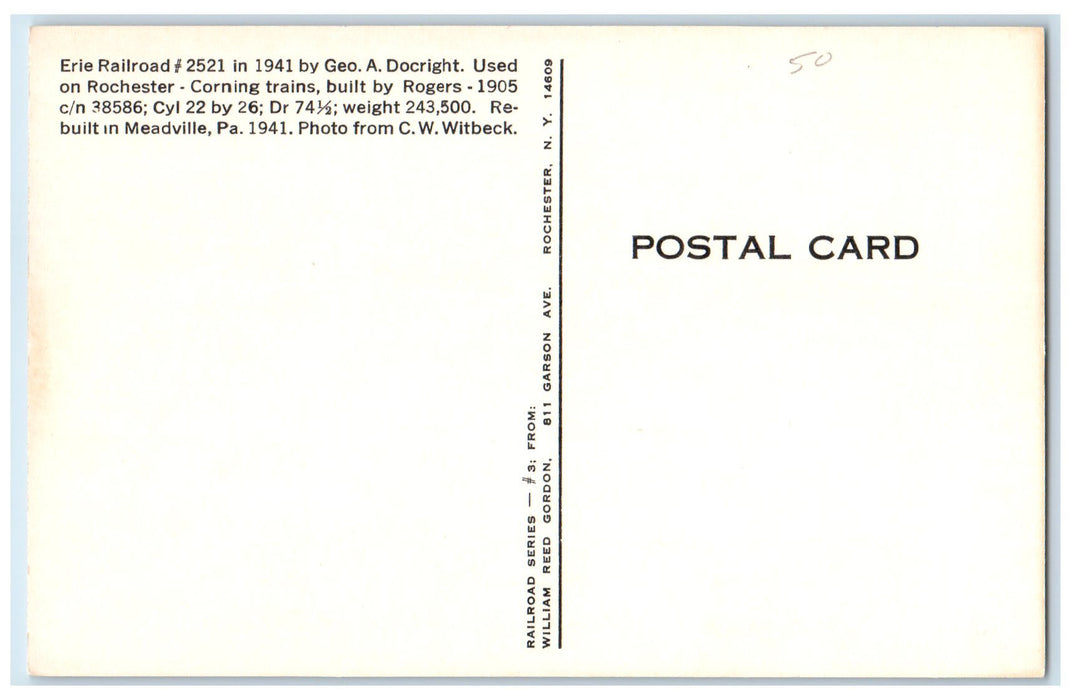 c1920's Erie Railroad # 2521 Rochester Corning Division Train New York Postcard