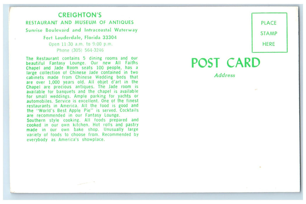 c1950 Creighton's Restaurant Museum Of Antiques Fort Lauderdale Florida Postcard