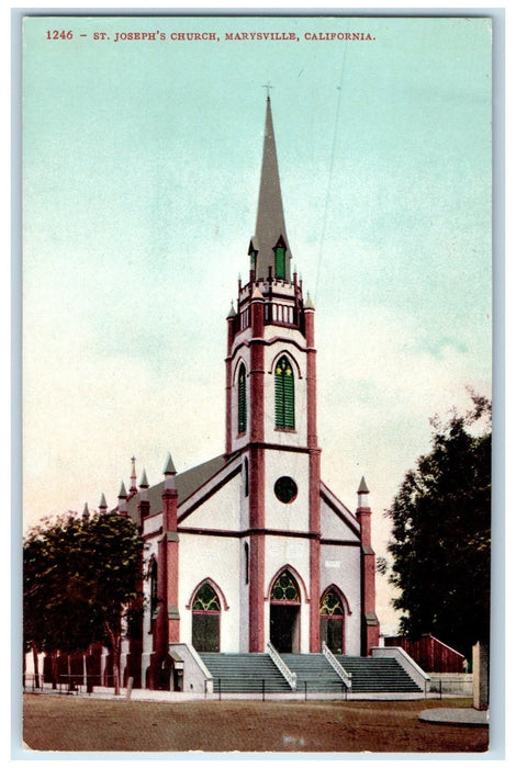 c1950 St. Joseph's Church Building Tower Entrance Marysville California Postcard