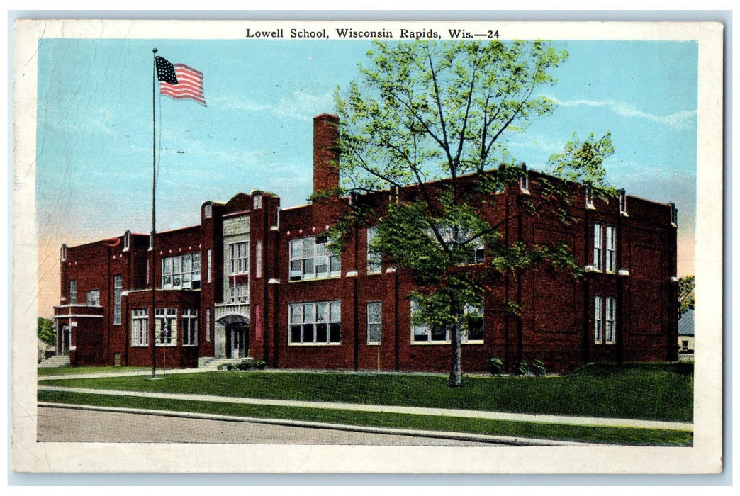 1929 Lowell School Exterior Roadside Wisconsin Rapids WI Posted Flag Postcard