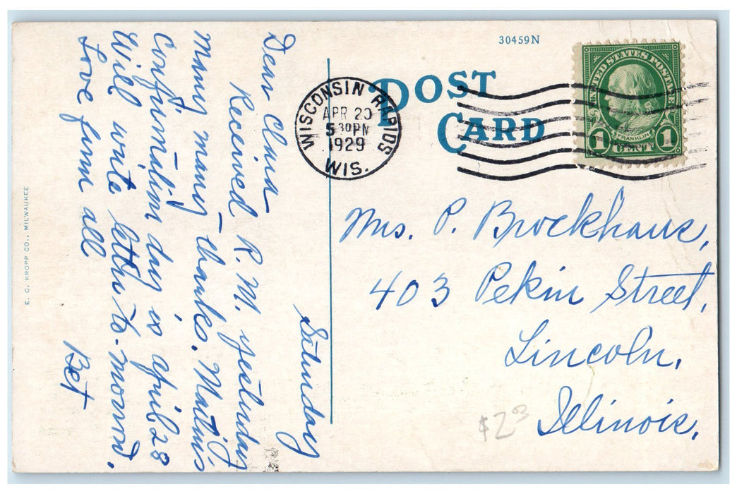 1929 Lowell School Exterior Roadside Wisconsin Rapids WI Posted Flag Postcard
