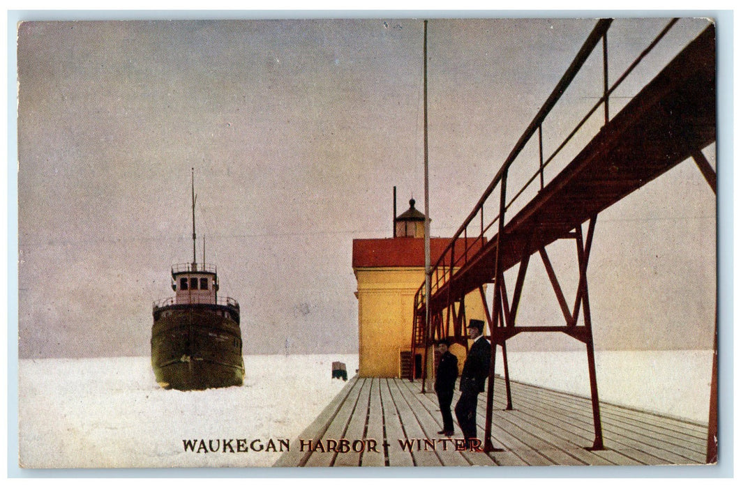 1910 Waukegan Harbor Ship Snow Scene Winter Wisconsin WI Posted Ships Postcard