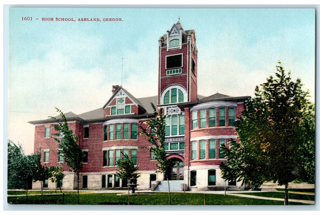 c1950 High School Campus Building Tower Ground Entrance Ashland Oregon Postcard