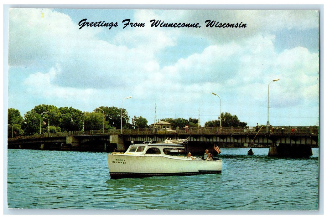 c1960's Greetings From Winneconne Wisconsin WI Excursion Boat Becky Postcard