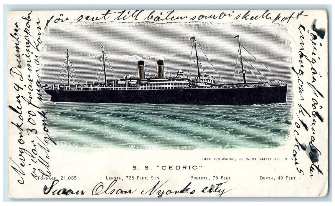 1907 S.S. Cedric Geo. Ship Boat Schwacke 200 West 144th St. New York Postcard