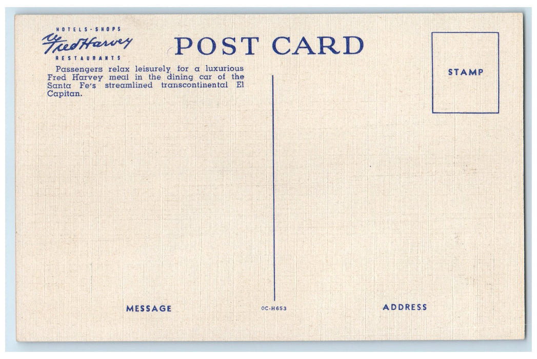 c1920's Railroad Fred Harvey Dining Car Of The Santa Fe's El Capitan Postcard