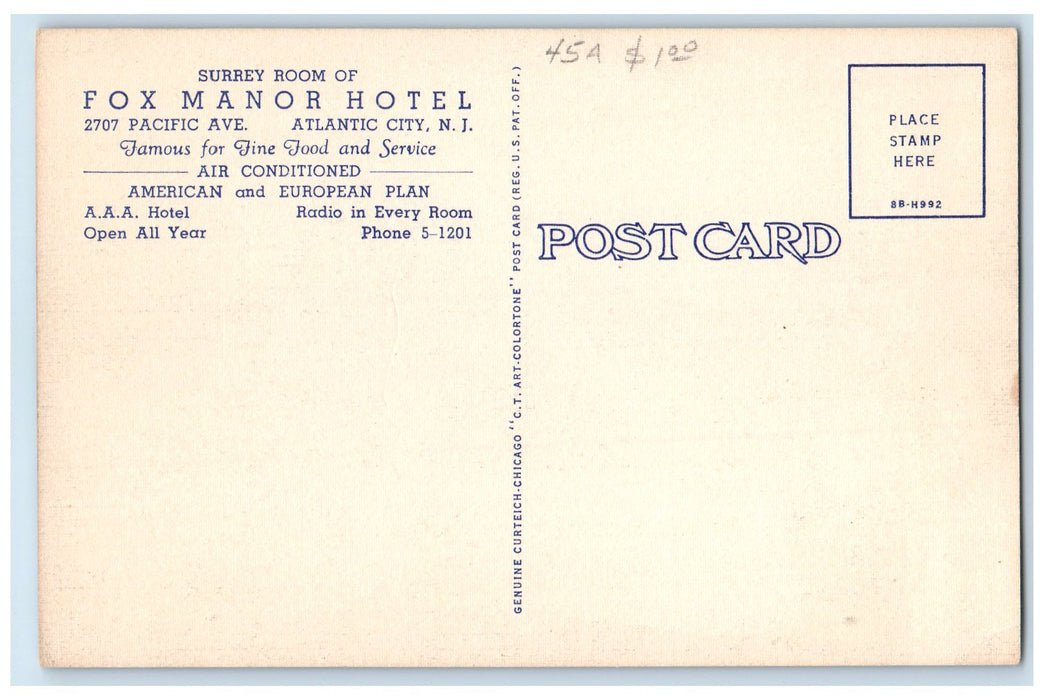 c1940 Fox Manor Hotel & Restaurant Surrey Room Atlantic City New Jersey Postcard