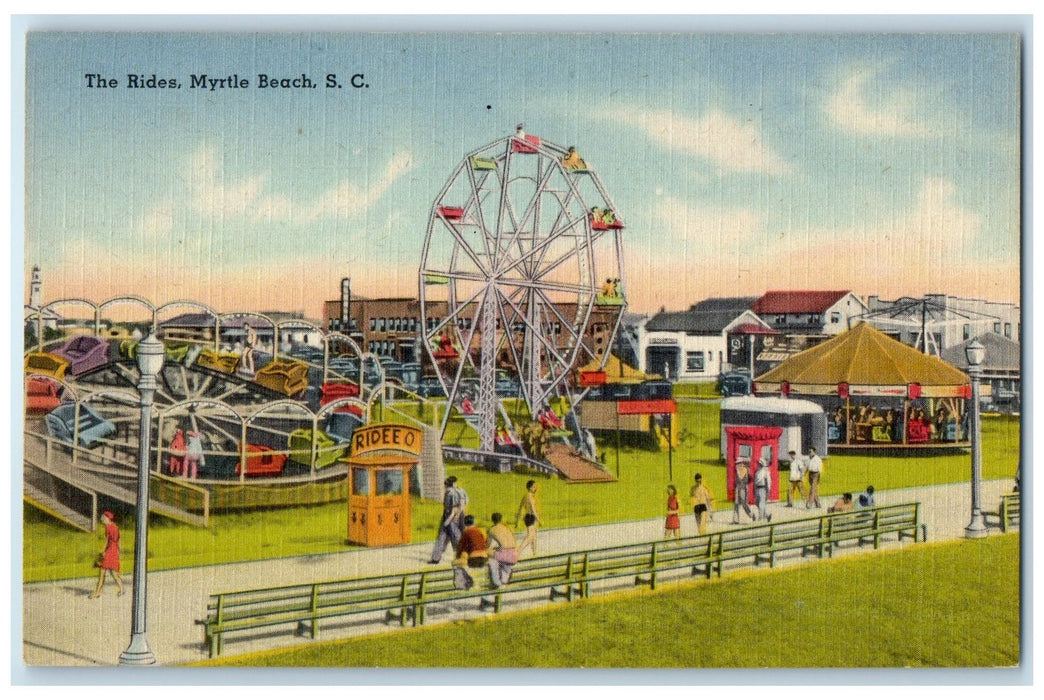 c1940's The Rides Myrtle Beach Ferris Wheel Tourists South Carolina SC Postcard