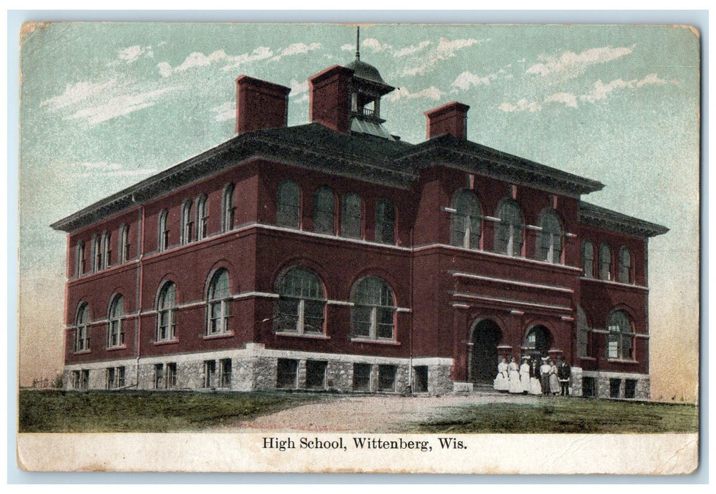 c1910's High School Exterior Wittenberg Wisconsin WI Unposted People Postcard