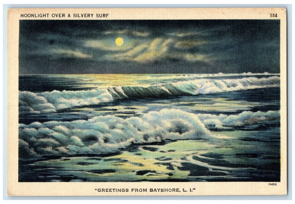 c1940's Greetings From Bayshore Long Island Moonlight Waves New York Postcard