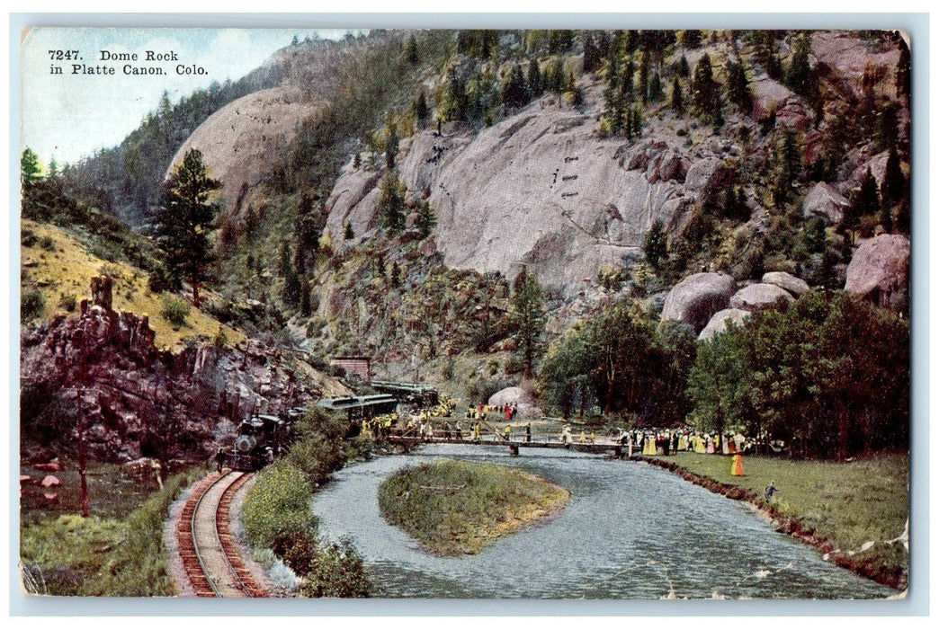 1910 Dome Rock Rustic Bridge River Crowd In Platte Canon Colorado CO Postcard