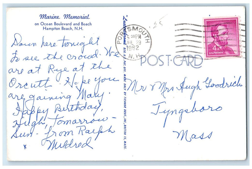 1962 Marine Memorial Ocean Boulevard Hampton Beach New Hampshire NH Car Postcard