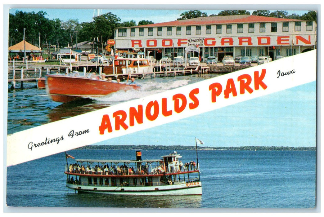 c1960s Greetings From Arnolds Park Iowa IA Roofgarden Building And Cars Postcard